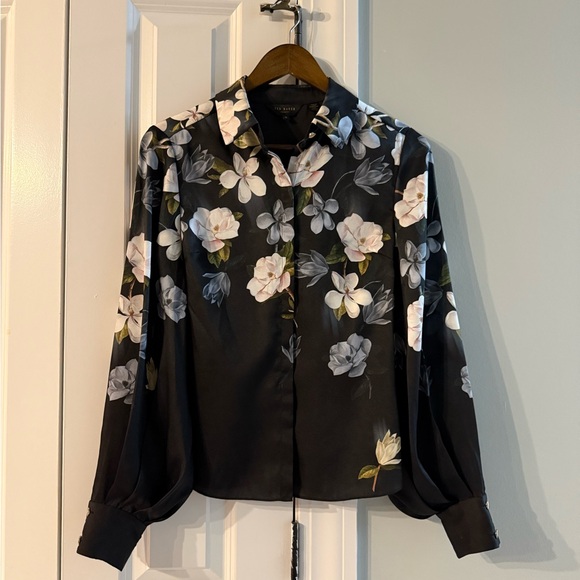 Ted Baker Black Blouse with White and Pink Floral Design (size 0, US 2) - Picture 1 of 5